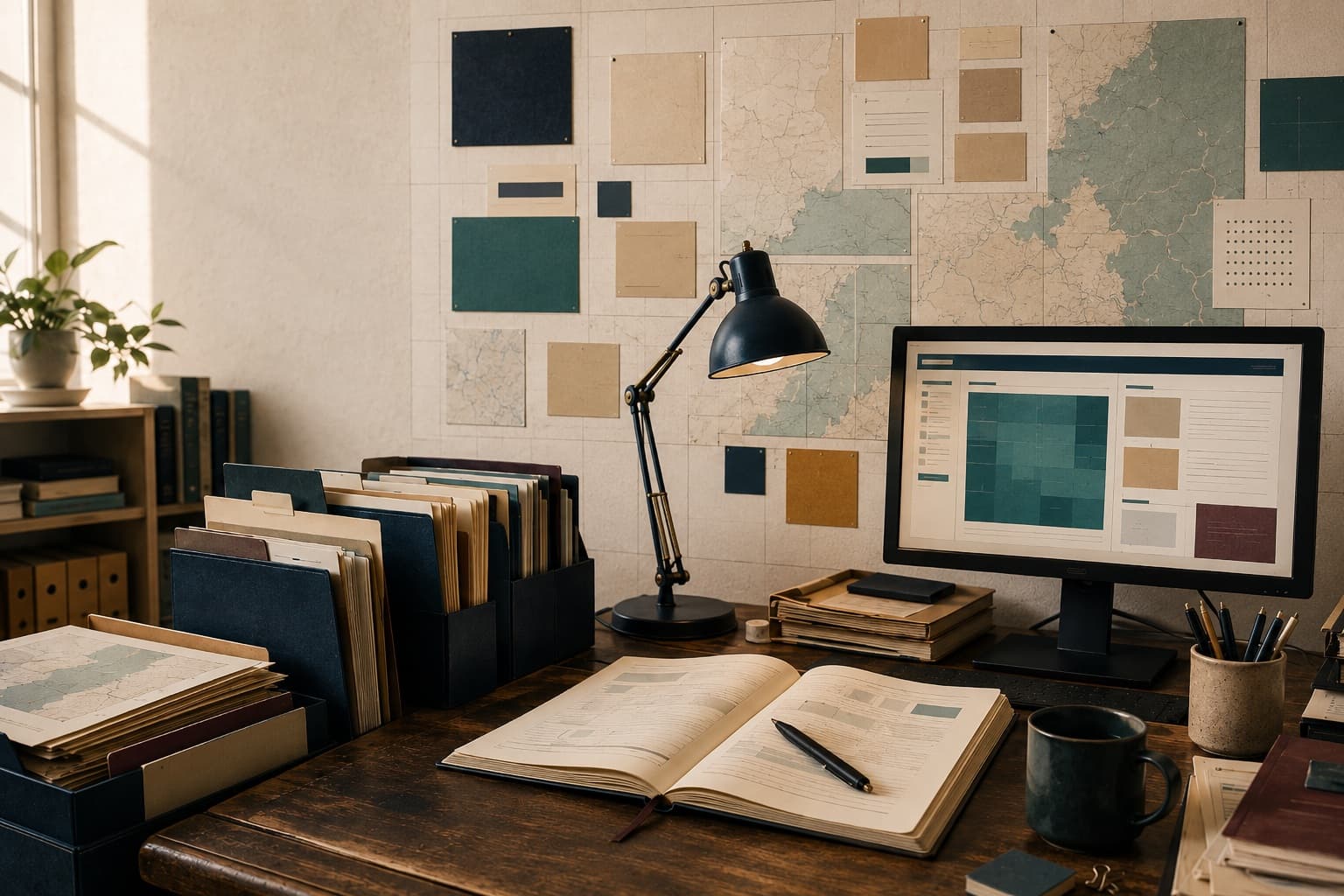 A civic research workspace with maps, source files, and a digital atlas.