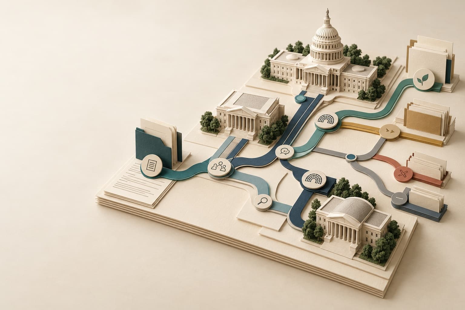Federal bill folders following separate legislative paths toward models of the U.S. Capitol and congressional buildings.
