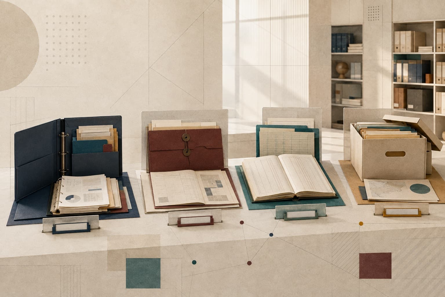Four separate stations of source records arranged across an archive table.