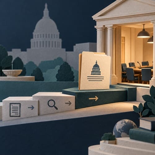 Editorial illustration of a federal bill folder moving through legislative review steps.