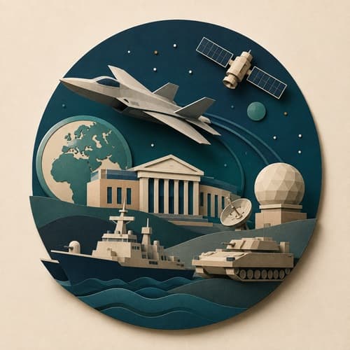 Editorial illustration representing defense and aerospace policy.
