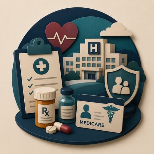 Editorial illustration representing healthcare, prescription drugs, and Medicare.