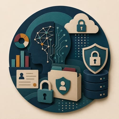 Editorial illustration representing artificial intelligence, technology, and data privacy.