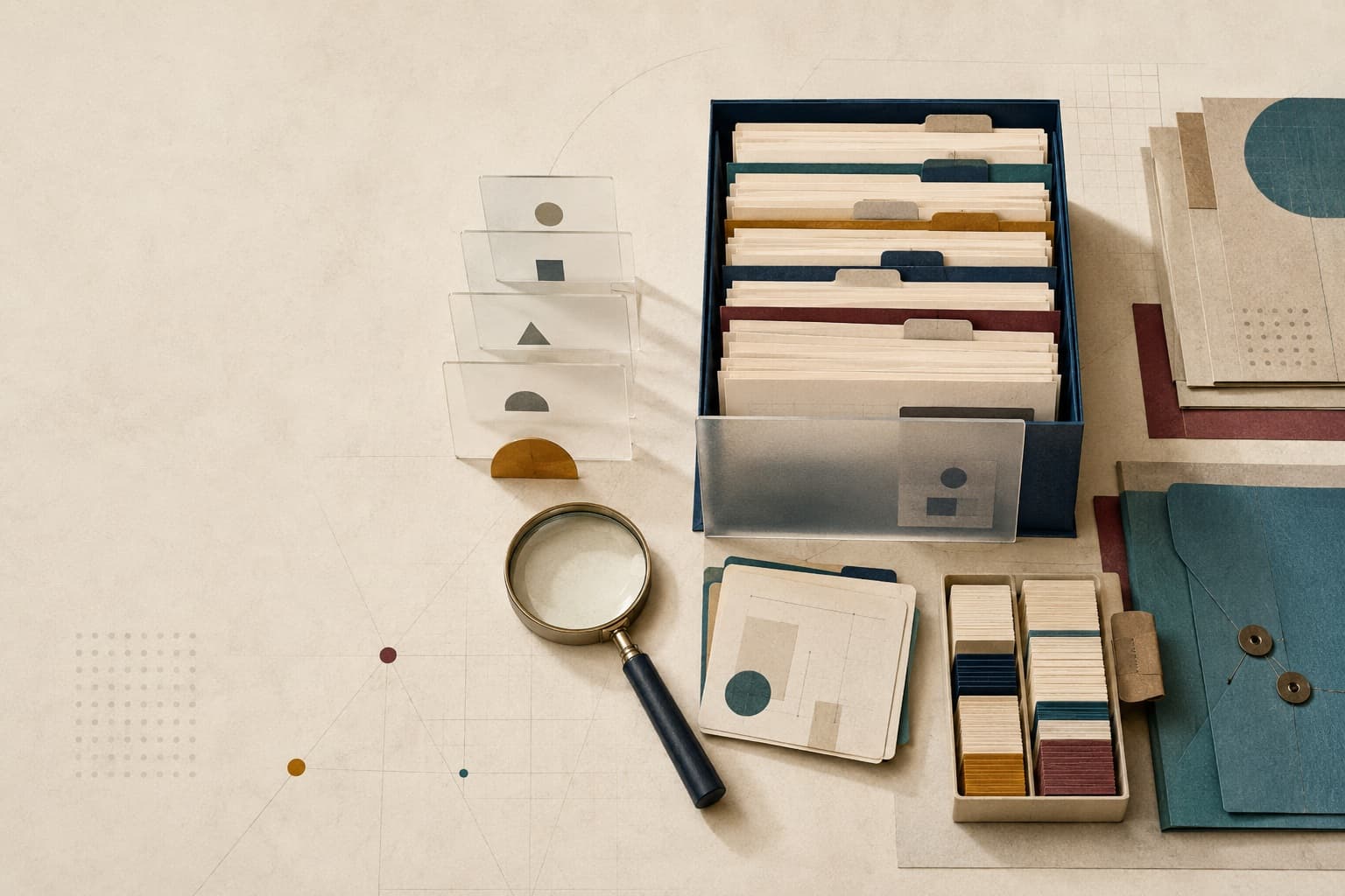 A magnifying glass beside an organized archive of folders and record cards.