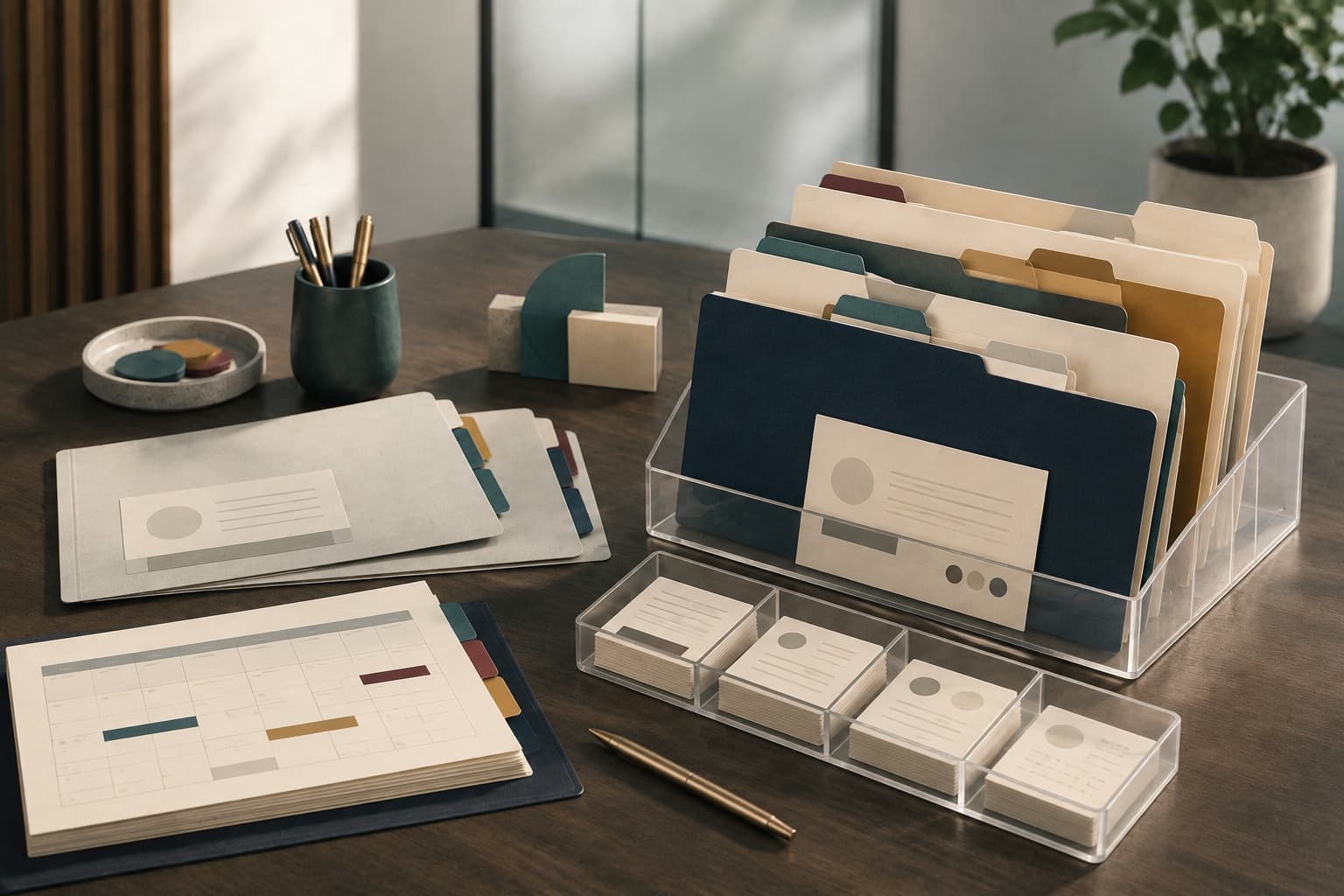 Organized professional records, file folders, and neutral identification cards.