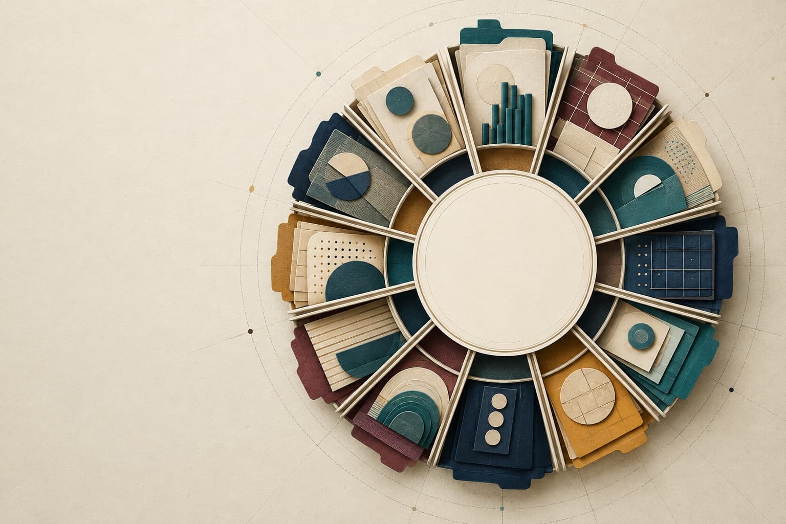 Distinct topic folders arranged in a circle around a neutral center.