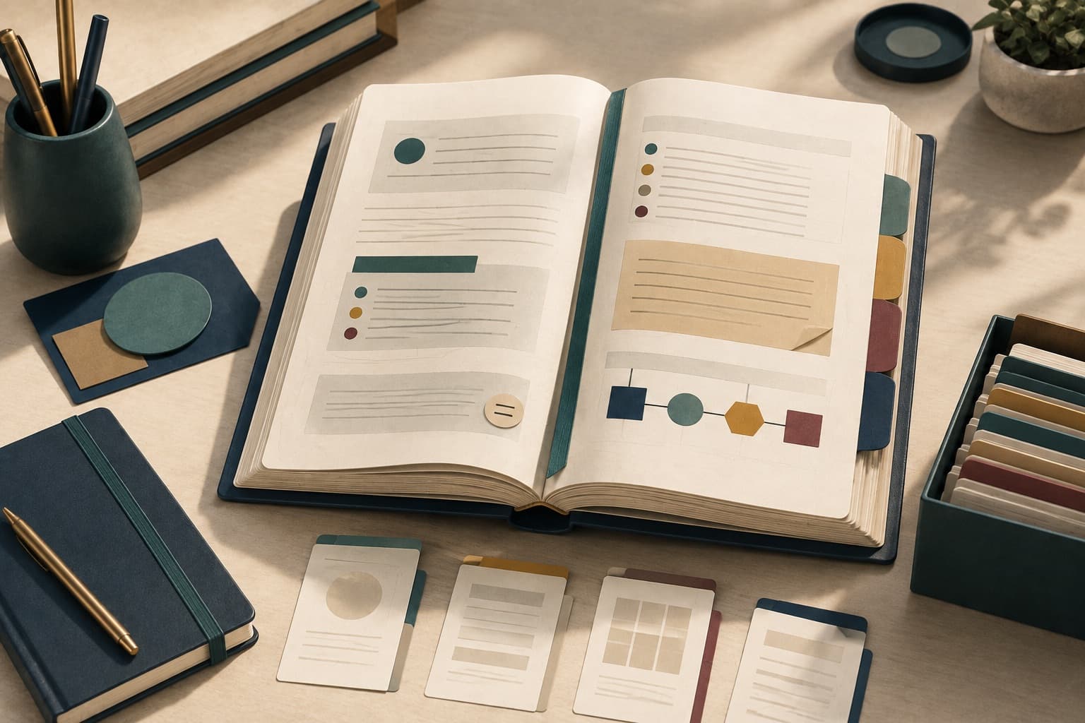 An open civic field guide surrounded by reference cards and notebooks.