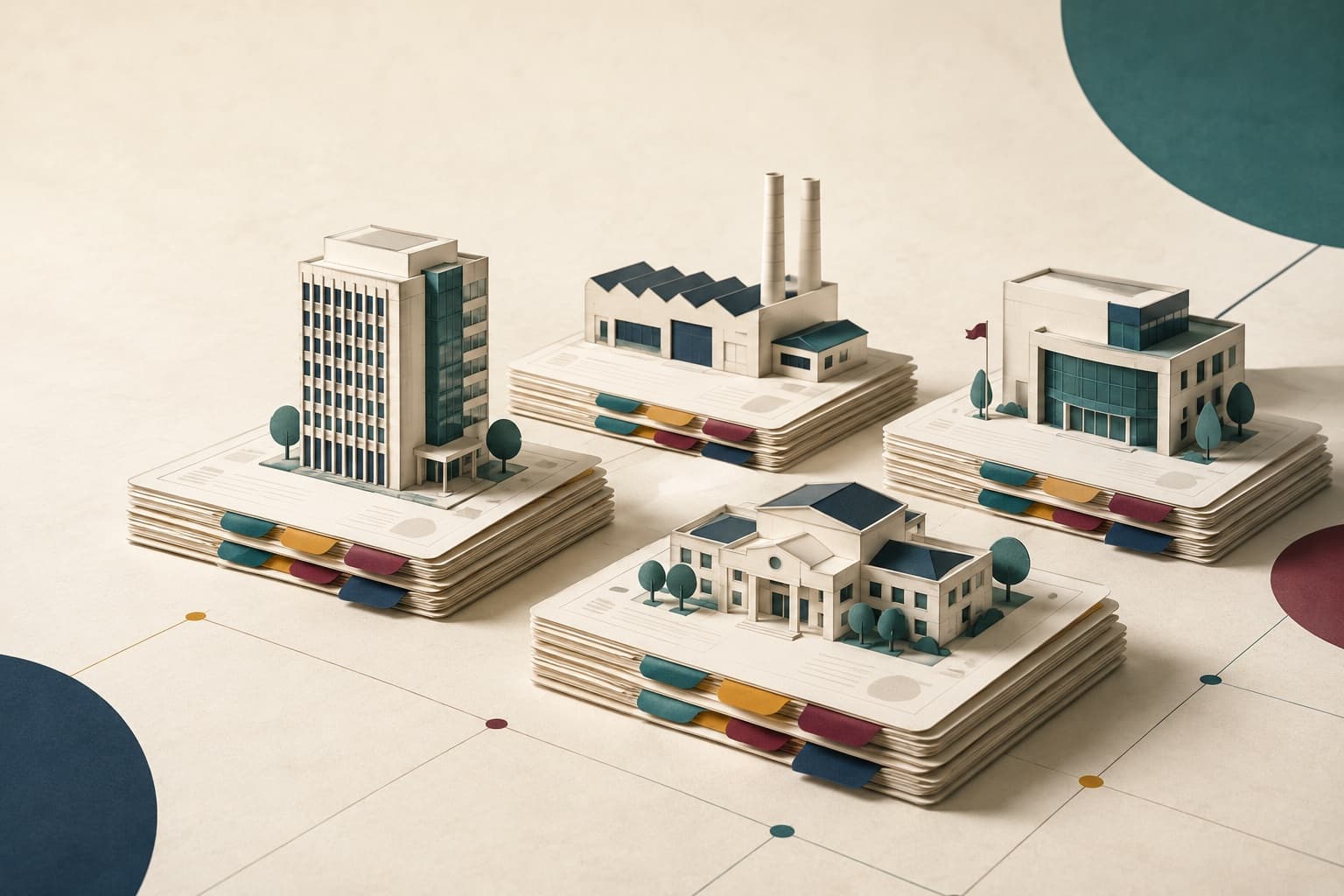 Models of several institutions resting on separate stacks of organized records.