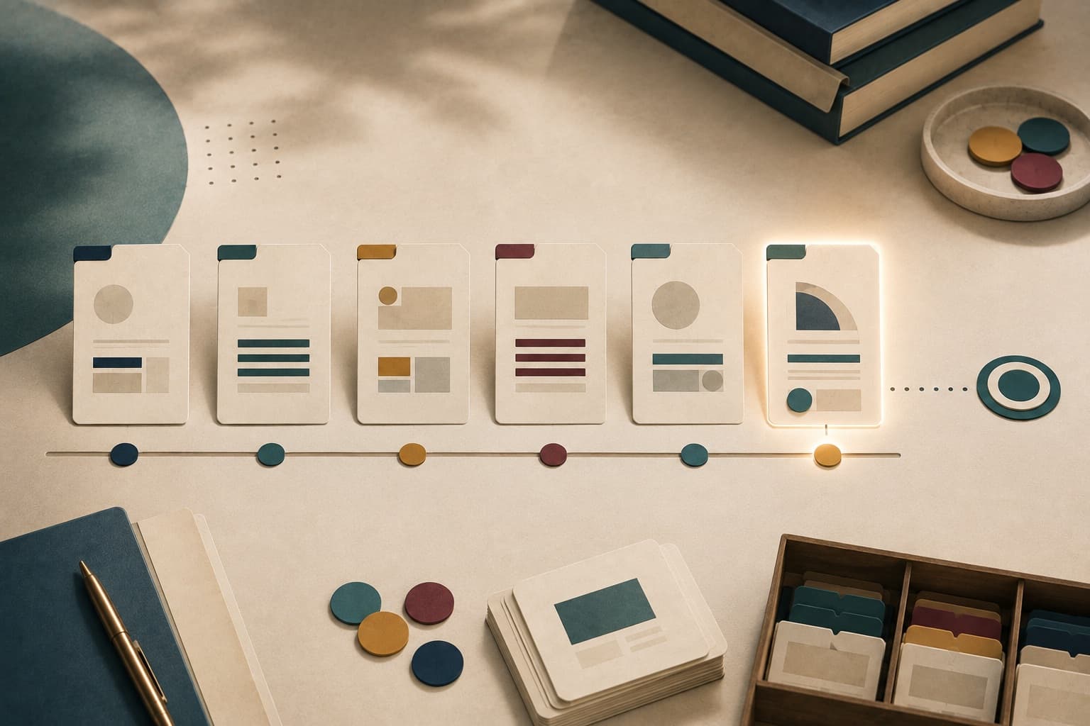 A sequence of project record cards arranged along a measured timeline.